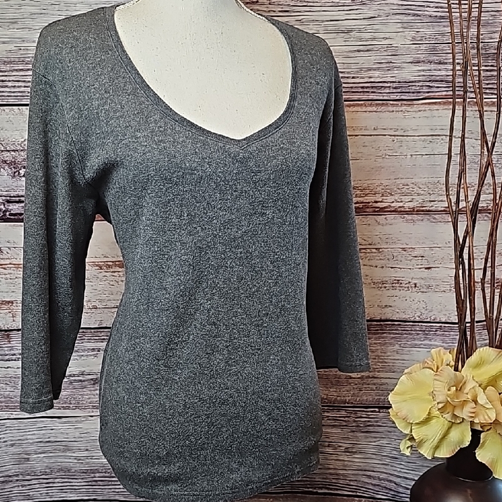 KAREN SCOTT PLUS SIZE GRAY 3/4 SLEEVE V NECK PULLOVER TOP